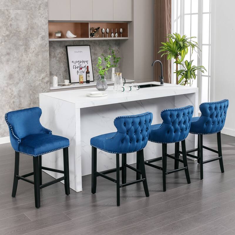Velvet Wingback Bar Stools Set of 2, Button Tufted Dining Chairs with Footrest, Upholstered Counter Stools with Wooden Legs
