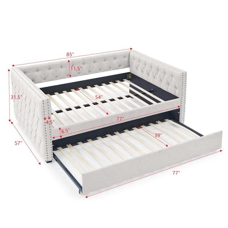 Full Size Daybed with Twin Trundle Sofa Bed, with Button and Copper Nail on Square Arms, Grey