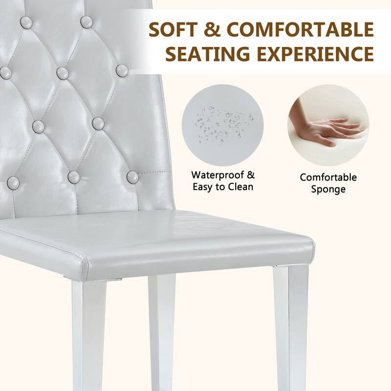 4-piece set of PU Dining Chairs: Ergonomically Designed Buckle Backrest, 35 Inches High, Silver Metal legs