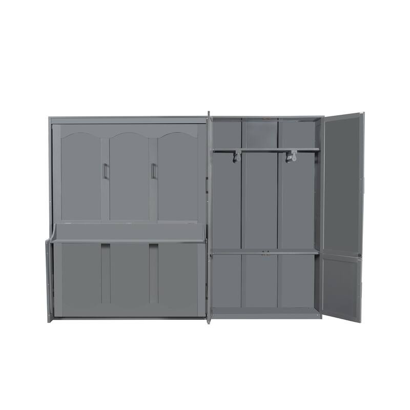 Queen Size Wall Bed with Closet and Hydraulic Lift System, Space-Saving Design, Gray