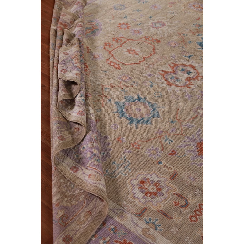 Hand Knotted Oriental 100% Wool Carpet Transitional All-Over Brown Oushak Area Rug - 14' 2'' X 9' 10''