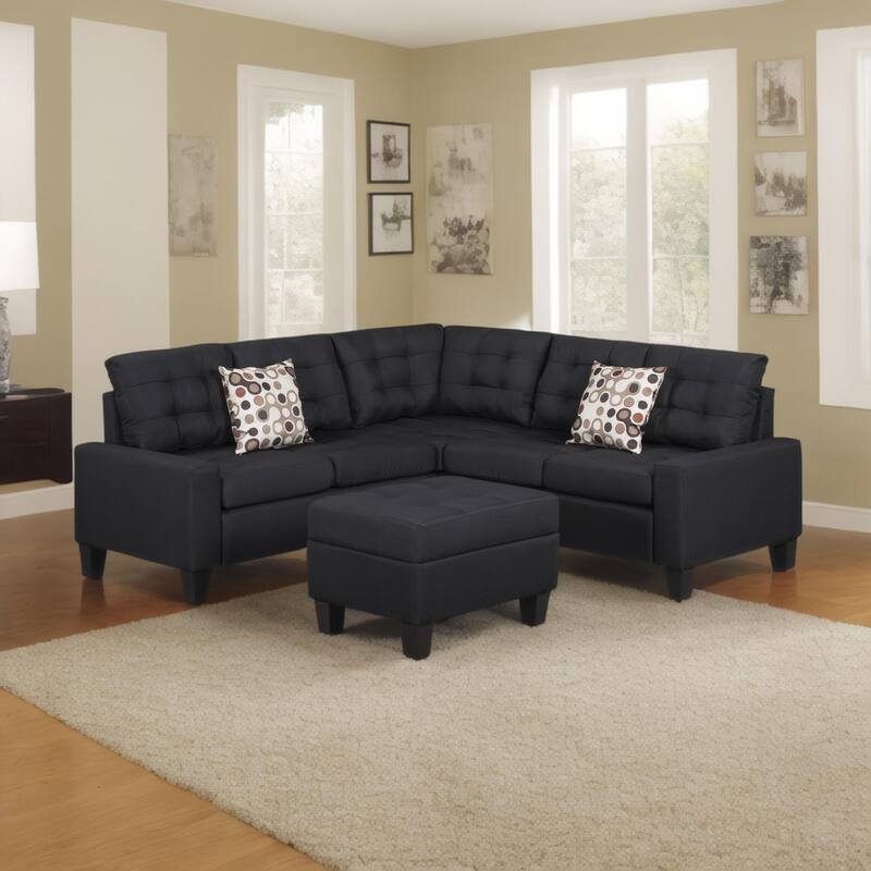 104.5" Gray Upholstered Sofa Set with Comfortable Coin-Spring Cushions, Sturdy Frame, Chaise Lounge, Versatile Storage Ottoman - Black