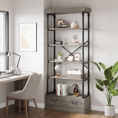 Bookshelf with Drawers,81.29" Tall, 5 - Tier Vintage Bookcase, Metal - Frame Shelf