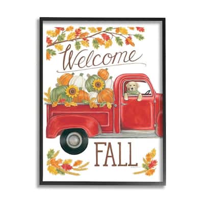 Stupell Welcome Fall Phrase Autumn Red Truck Dog Framed Wall Art