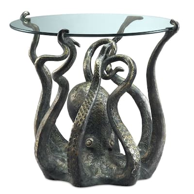 Incredible Cast Aluminum Octopus Glass Top End Table - 22.5 X 22.5 X 24.5 inches