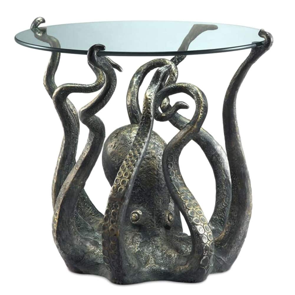 Incredible Cast Aluminum Octopus Glass Top End Table - 22.5 X 22.5 X 24.5 inches