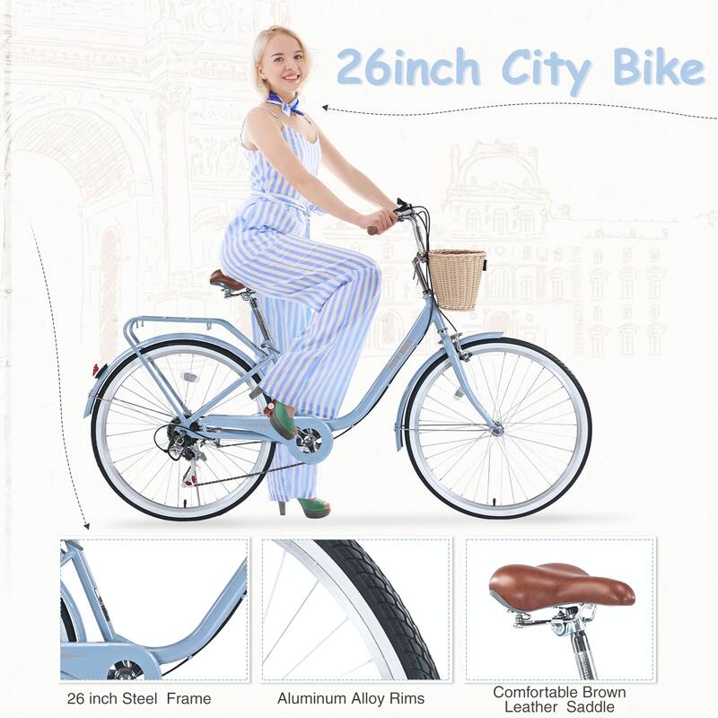 7 Speed City Bike With Basket,26 Inch Girls Bicycle