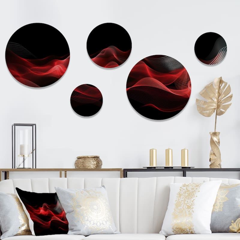 Designart "Red Black Contemplative Abstraction IX" Modern Waves Metal Round Wall Art Set Of 5