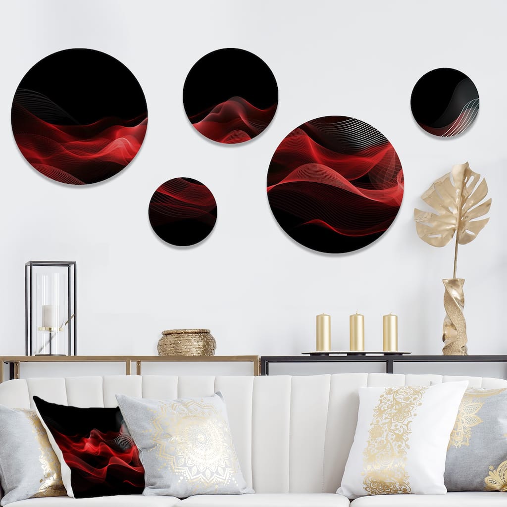 Designart "Red Black Contemplative Abstraction IX" Modern Waves Metal Round Wall Art Set Of 5