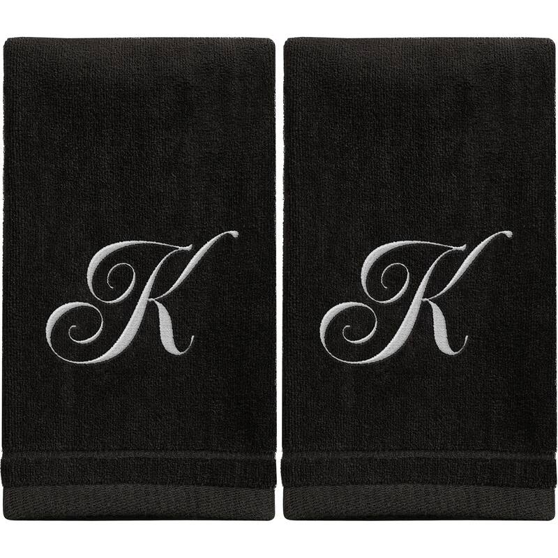 Monogrammed Black Towels Fingertip Embroidered with Initials - K