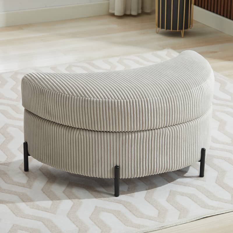 32.7" W Upholstered Half Moon Storage Ottoman Footrest Footstool - Grey/Corduroy