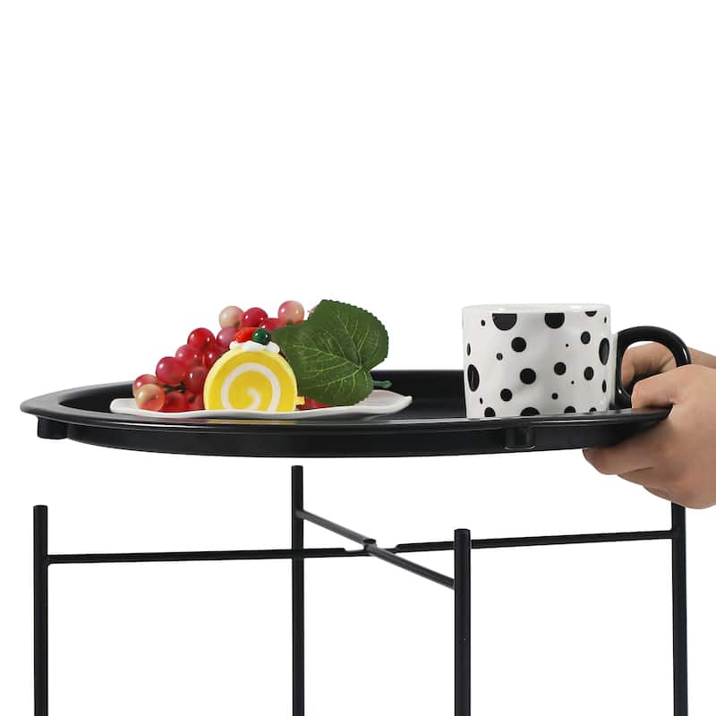 VECELO Small Round Side Table with Removable Tray & Fabric Storage Bin Easy 5-Min Assembly for Living Room Bedroom