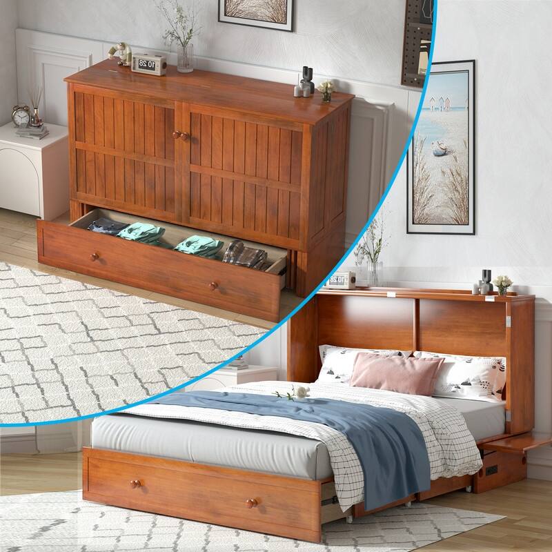 Mixoy Queen Murphy Bed Cabinet with Matress and Built-in Charger