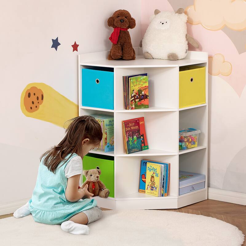 Kids Corner Cabinet, Cubby Toy Storage Organizer, Bookshelf Unit with Three Baskets
