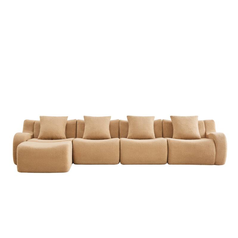Oversized Sectional Sofa with Ottoman for Living Room, 118" Modern Floor Teddy Fabric Sofa L-Shape Couch with 4 Throw Pillows