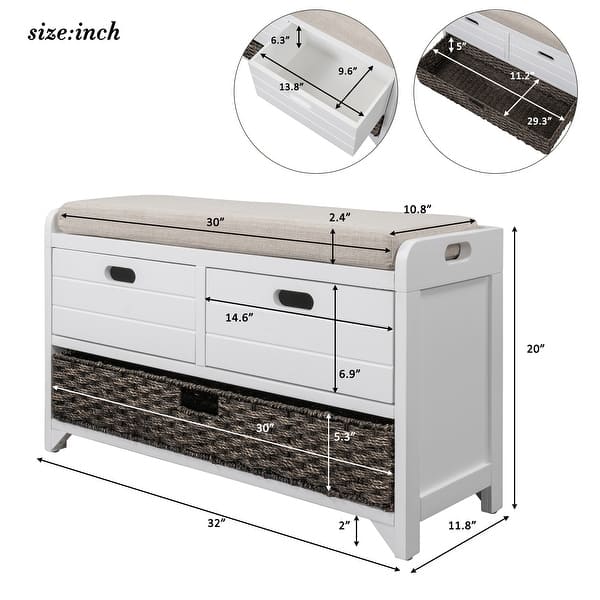 dimension image slide 4 of 5, Storage Bench with Removable Basket and 2 Drawers, Fully Assembled Shoe Bench with Removable Cushion