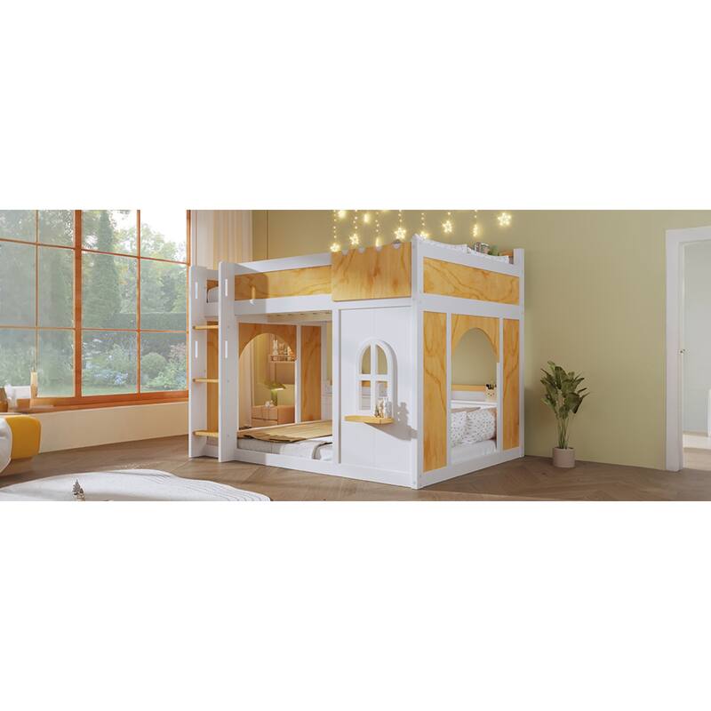 Roomfitters Twin Over Twin/Full Over Full Bunk Bed with Window, Two Doors and Storage Shelves, Natural and White