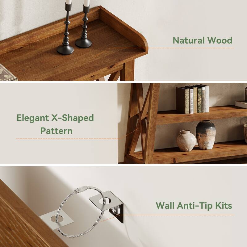 63-Inch Solid Wood Console Table with X-Shaped Frame, 3-Tier Storage - 62.99" L x 13.78" W x 35.83" H