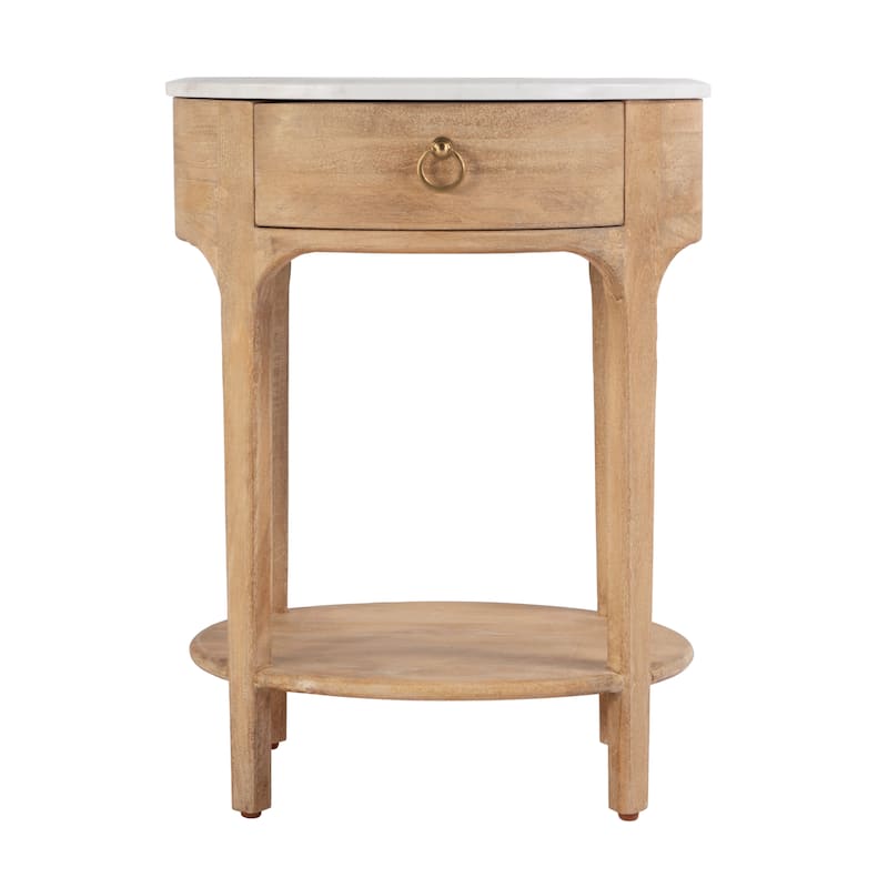 Ellen 18.25 in. W Oval Marble and Wood 1-Drawer Nightstand