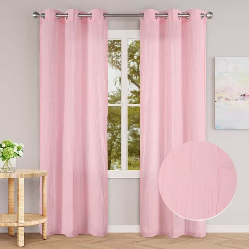 Cotton Blend Broomstick Crush Grommet Curtain Pair - 38"Wx84"L - Pink