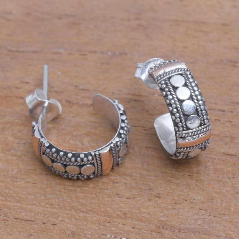 NOVICA Dotted Paths, Gold accented sterling silver half-hoop earrings - 0.6*0.2
