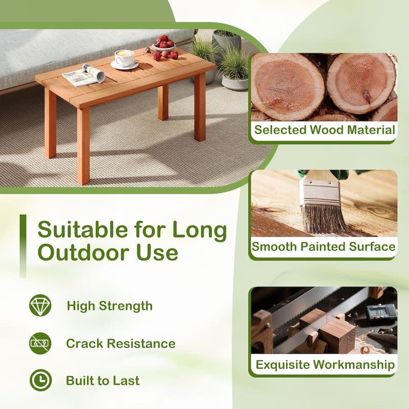 Natural Wooden Outdoor Rectangular Coffee Table with Slatted Top for Garden or Backyard - 35.5" x 18" x 17"
