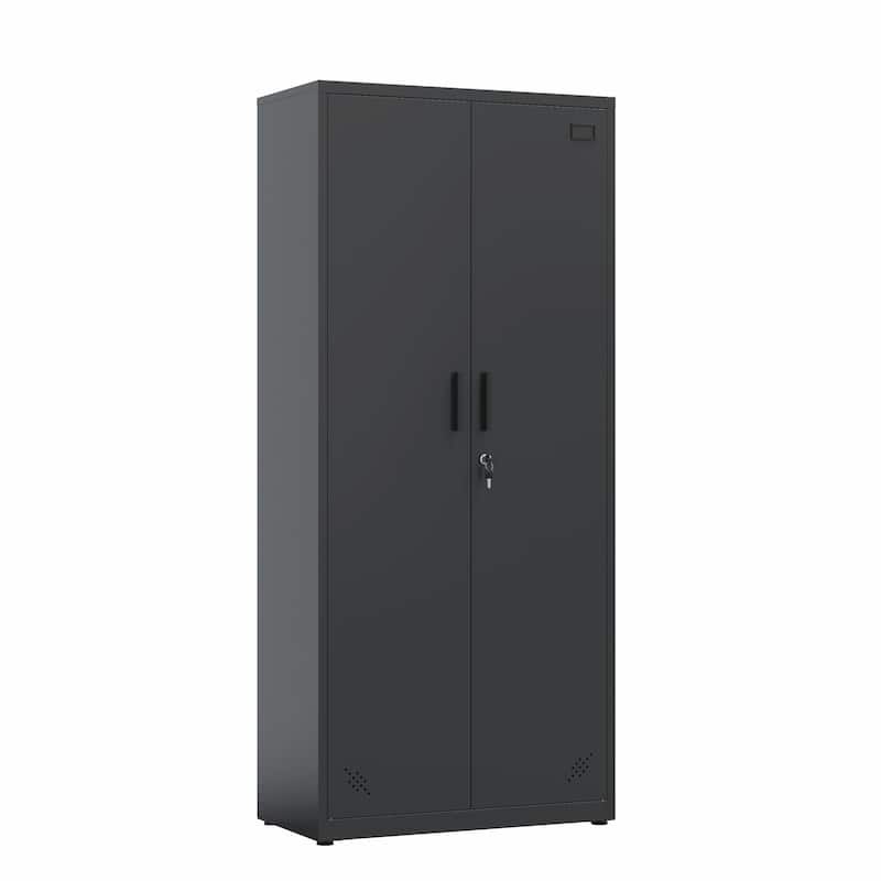 High Storage Cabinet with 2 Doors and 4 Partitions for 5 Separate Storage Spaces - Black