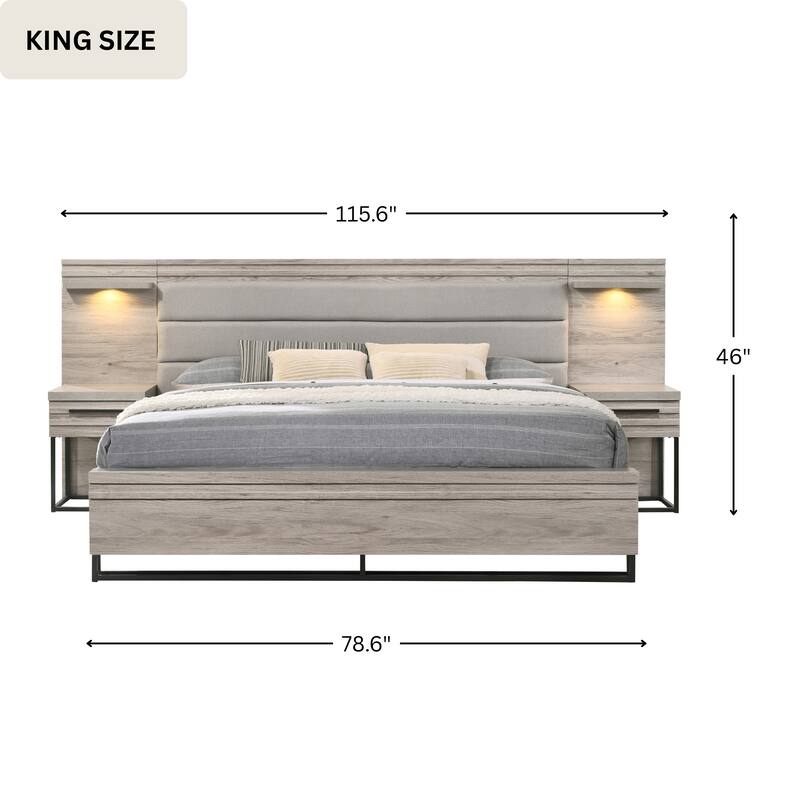 Roundhill Furniture Alvear Wallbed Bed with White LED Lights, Dresser, Mirror, and 2 Nightstands, Weathered Gray