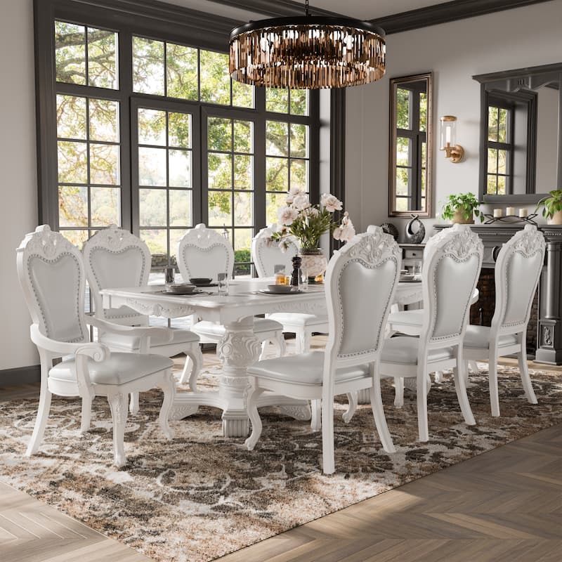 Furniture of America Eugene Traditional Solid Wood 9-Piece Expandable Dining Table Set - White
