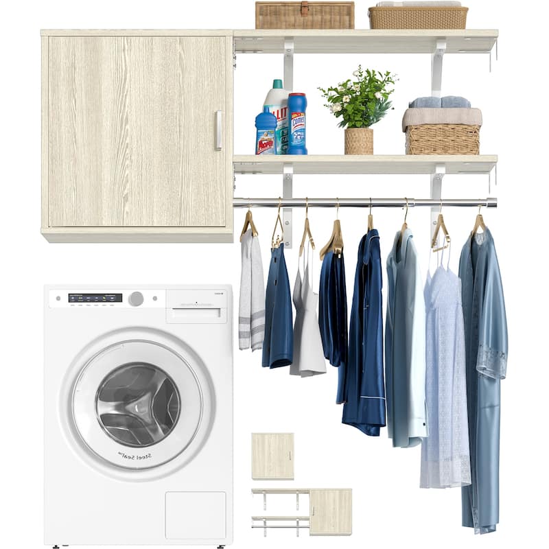 65''W Reversible Laundry Storage Cabinet with Doors and Storage Shelves and Shelf Towers - 46.5"W(1Door) - White Oak