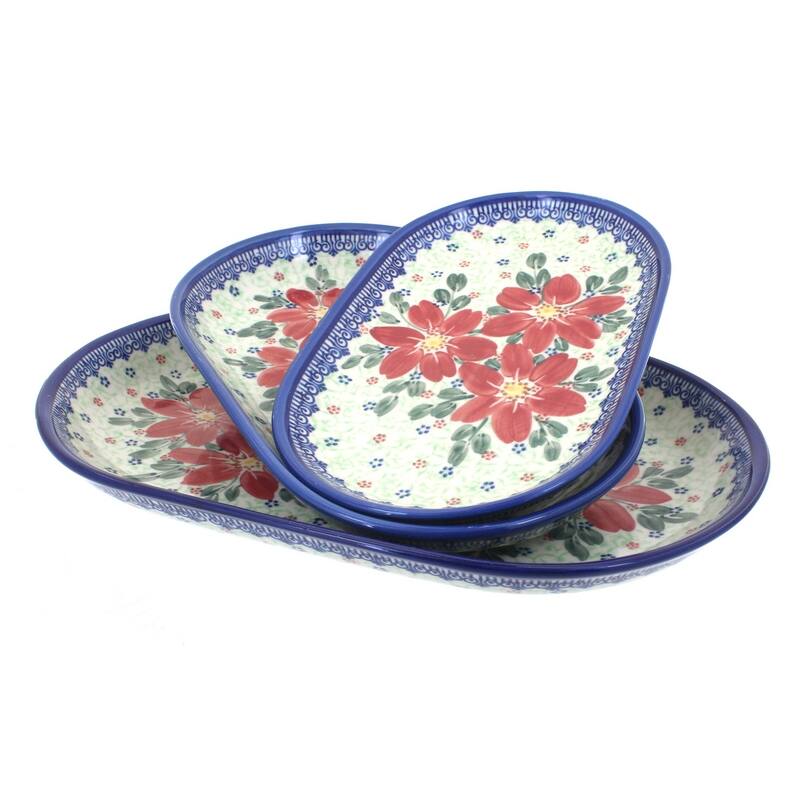 Blue Rose Polish Pottery 8600 Vena 3 Piece Oval Serving Set