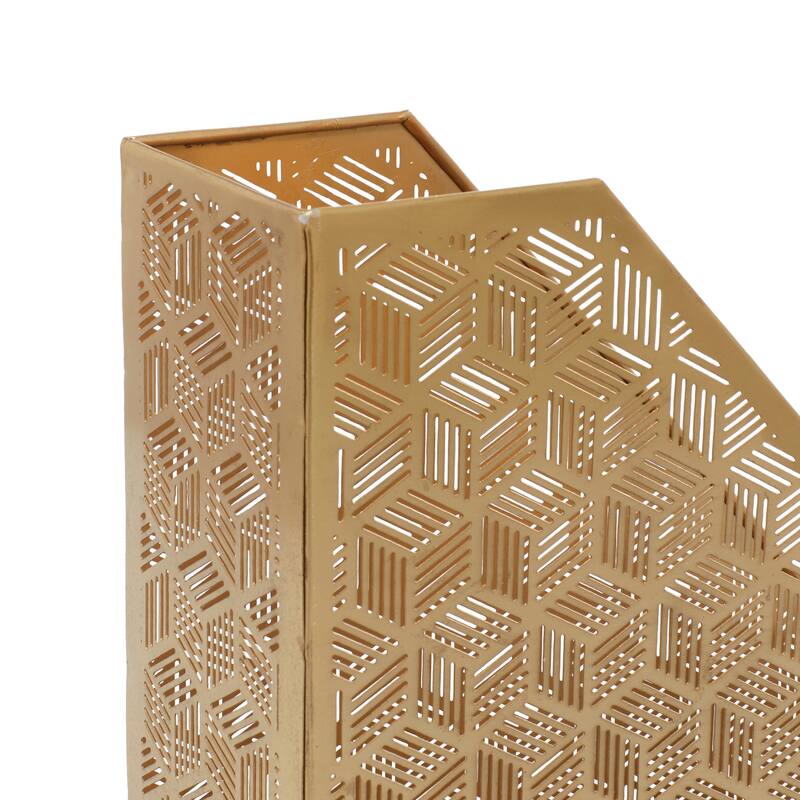 Gold Metal Single Slot Geometric Magazine Holder with Laser Carved Design