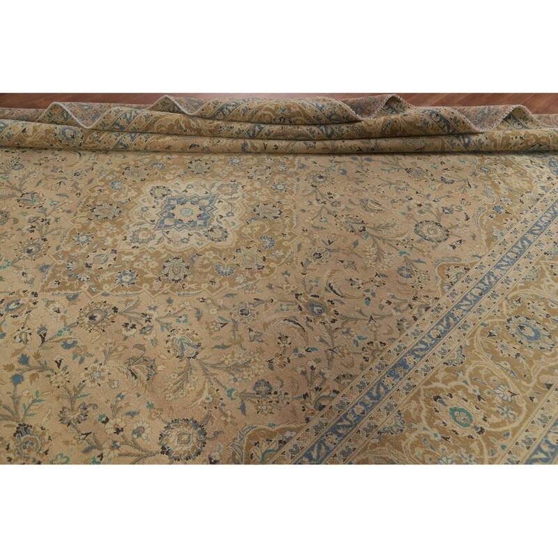 Hand Knotted Oriental 100% Wool Carpet Traditional Floral Beige & Ivories Kashan Area Rug - 13' 3'' X 9' 8''