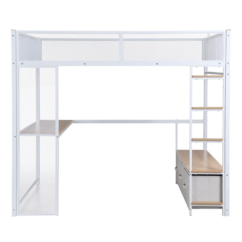 Full Size Metal Gaming Loft Bed with 16-Color LED, Study Desk & 3 Storage Drawers (400lb Capacity)
