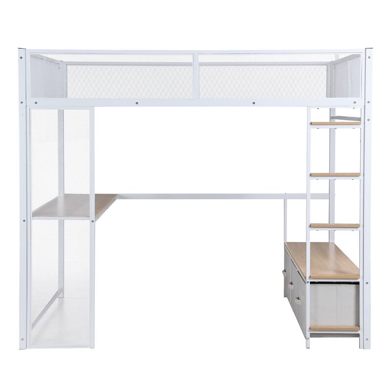 Full Size Metal Loft Bed with LED, Desk, Wardrobe, and Storage Drawers, White