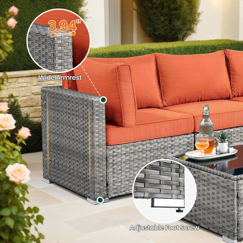 HOOOWOOO 8-piece Grey Wicker Patio Furniture Set Sectional Sofa with Fire Pit Table