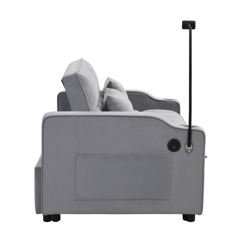 Convertible Sofa Bed with Holders, Velvet Loveseat with Reclining Backrest, Small Sofa with Toss Pillows and Pockets