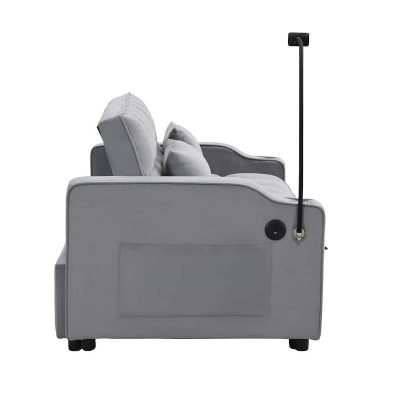 Light Gray Velvet Convertible Sleeper Loveseat Sofa with Adjustable Backrest