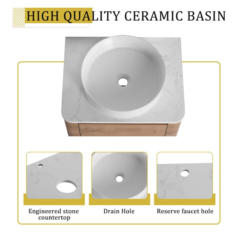 24'' Wall-Mounted Bathroom Vanity With Ceramic Art Sink & 1-Soft-Close Door,KD-Packing, Plywood