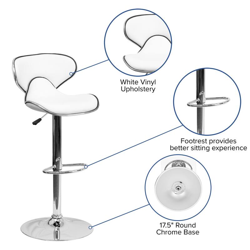 2 Pack Contemporary Mid-Back Vinyl Adjustable Height Barstool with Chrome Base - 16"W x 17.5"D x 34.5" - 43"H