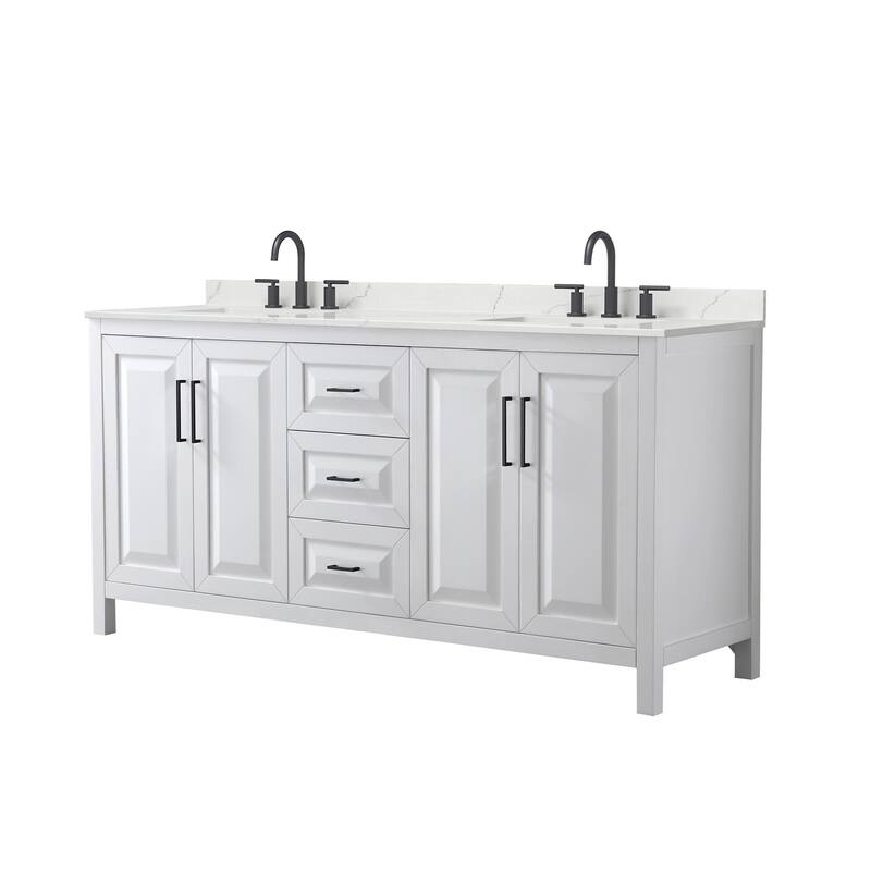 Daria 72-inch Double Vanity, 3 Hole Quartz Top - White, Black Trim, Giotto Quartz Top