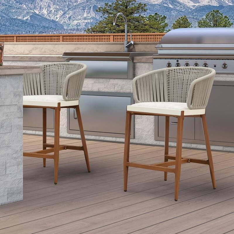 PURPLE LEAF Outdoor Bar Stools Set of 2 Patio Metal Modern Wicker Bar Chairs Woven Aluminum Barstools - N/A