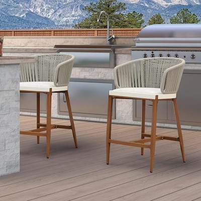 PURPLE LEAF Outdoor Bar Stools Set of 2 Patio Metal Modern Wicker Bar Chairs Woven Aluminum Barstools - N/A