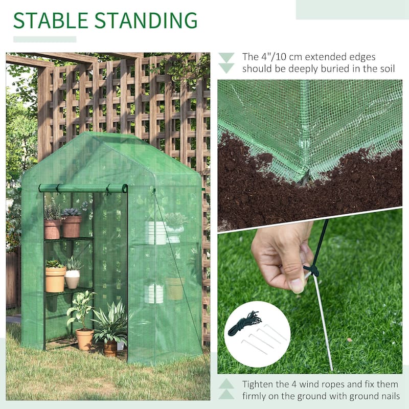 Outsunny 56" x 29" x 77" Mini Walk-in Greenhouse Kit, Portable Green House with 4 Shelves, Roll-Up Door