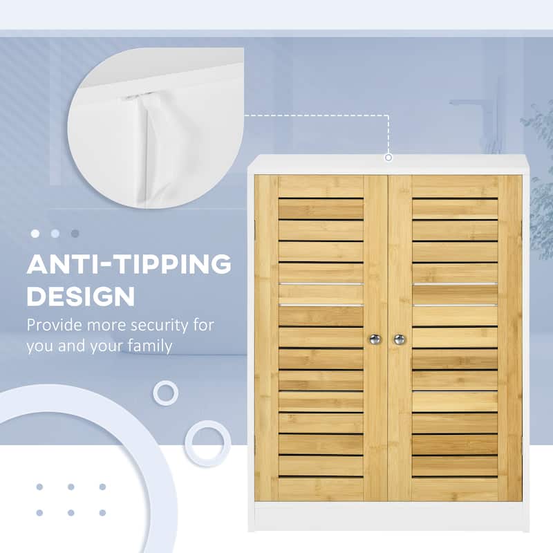 kleankin Bathroom Floor Cabinet, Side Storage Organizer Cabinet with Bamboo Doors, Adjustable Shelves, White and Natural