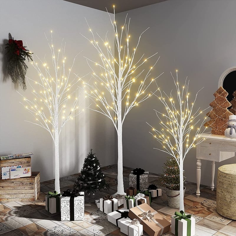 3 Piece Prelit Artificial Christmas Tree Set with Warm White Lights, Twinkle LED Birch Tree for