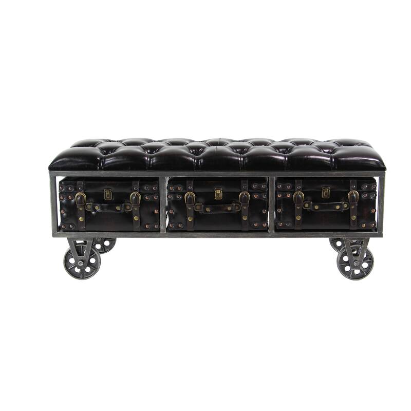 Black Faux Leather Tufted Upholstered 3 Trunk Storage Bench with Industrial Wheels and Gold Studded Accents