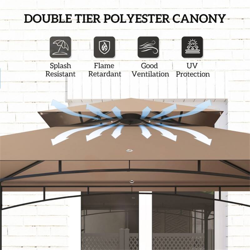 Brown Grill Gazebo with Powder-Coated Metal Frame Adjustable Height Awning Double Top - 95.3" L x 58.7" W x 97.6" H