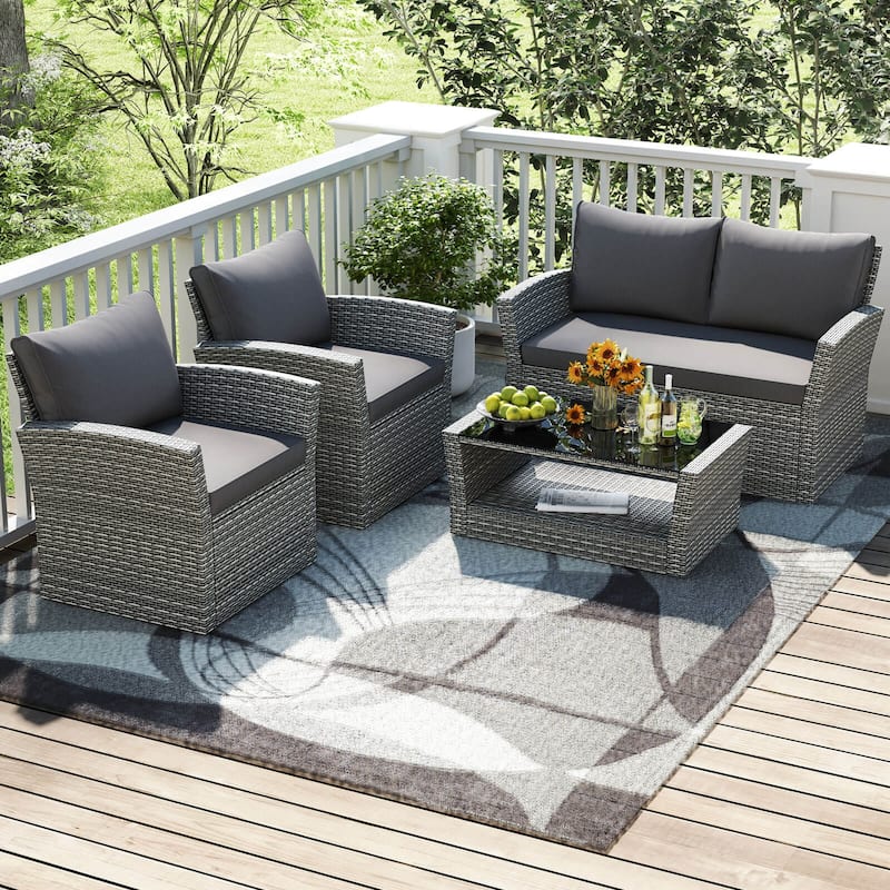 Costway 4 PCS Patio Furniture Set with 2 Rattan Chairs Loveseat Coffee - 4 PCS
