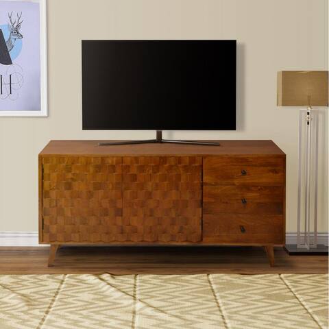 2 Door Wooden TV Console with 3 Drawers and Honeycomb Design - 13 L X 55 W X 32 H Inches